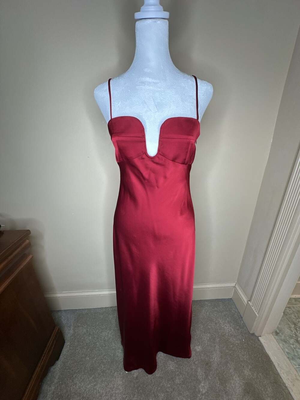 Georgie Slip Dress Size Small Red Satin Midi Deep Plunge